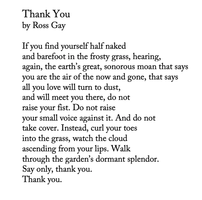Thank You
by Ross Gay

If you find yourself half naked
and barefoot in the frosty grass, hearing,
again, the earth’s great, sonorous moan that says
you are the air of the now and gone, that says
all you love will turn to dust,
and will meet you there, do not
raise your fist. Do not raise
your small voice against it. And do not
take cover. Instead, curl your toes
into the grass, watch the cloud
ascending from your lips. Walk
through the garden’s dormant splendor.
Say only, thank you.
Thank you.