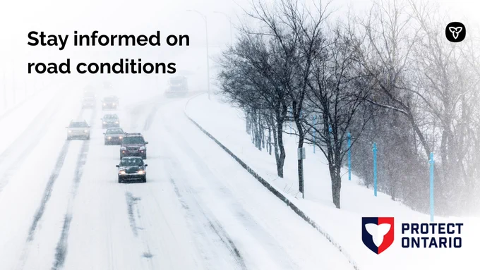 Cars driving on a snow-covered road. Text: Stay informed on road conditions 
