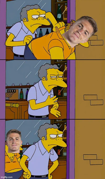 The Simpsons meme of Moe throwing Barney out the bar, but Barney is then still standing behind him. But Barney's face has been replaced by QPR goalkeeper Paul Nardi's face.