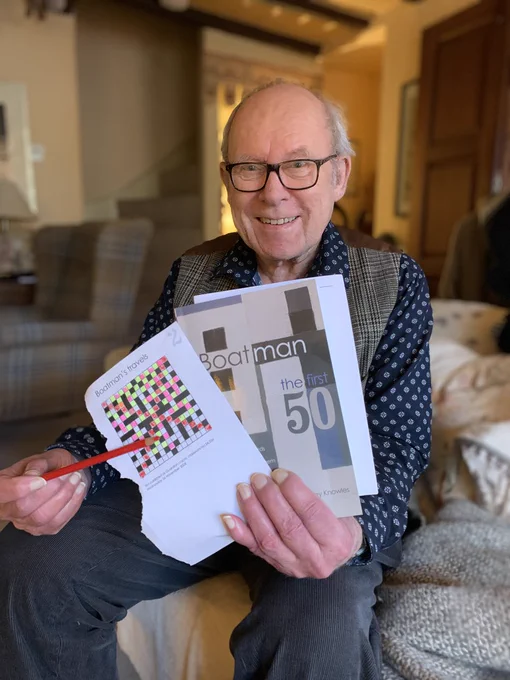 Graeme has nearly completed one of the fiendish crosswords in Boatman - The First 50. His colouring-in is most attractive!

Reviewing Boatman - the first 50, Alan Connor (The Guardian's crossword editor and the brains behind many of BBC2’s quiz programs) says: "This is one to savour. Boatman's puzzles are witty and ingenious. It is an extraordinary pleasure to read how his unique mind works. The first 50 is a book I never knew I needed in my life. Gift it to yourself and to the word-lovers in yours".