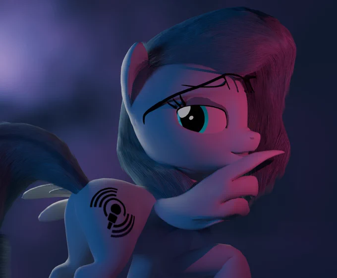 A pegasus mare with light blue fur and a dark blue-gray mane combed to the side. Her glasses are pushed up on her forehead. She brings the tip of her wing to her mouth, making a “shush” gesture. Her large turquoise eye looks to the side. There is a radio signal symbol on her hip. The scene is lit by contrasting pink and blue light against a dark background. 