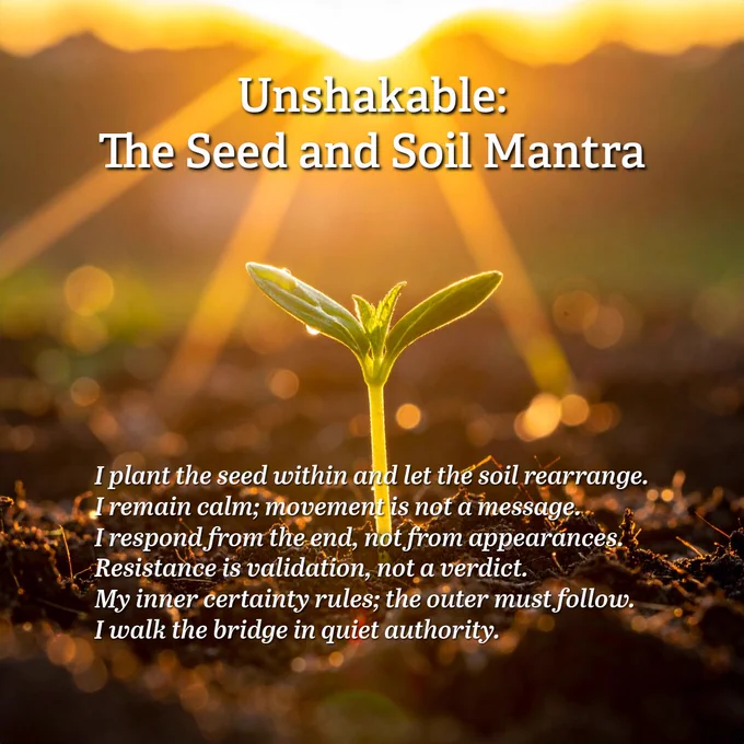 Unshakable: The Seed and Soil Mantra
I plant the seed within and let the soil rearrange.
I remain calm; movement is not a message.
I respond from the end, not from appearances.
Resistance is validation, not a verdict.
My inner certainty rules; the outer must follow.
I walk the bridge in quiet authority.