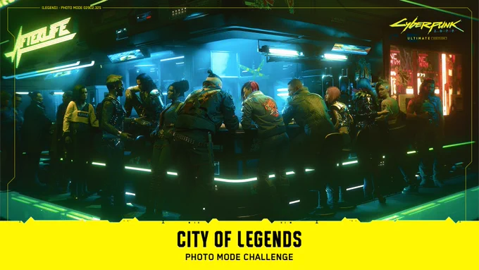 Text reads, "City of Legends Photo Mode Challenge". V gathers around the bar of the Afterlife with Jackie and her friends. She wears a brown jacket with the Samurai logo on the back.
