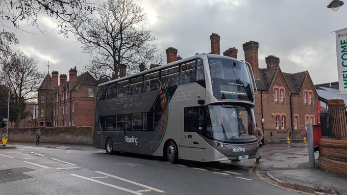 Reading Buses 1 (MRD 1) is a grey and silver Alexander Dennis Enviro400EV, and is pictured at the University of Reading, London Road Campus as it operates the graduation shuttle between Whiteknights and London Road campuses. 