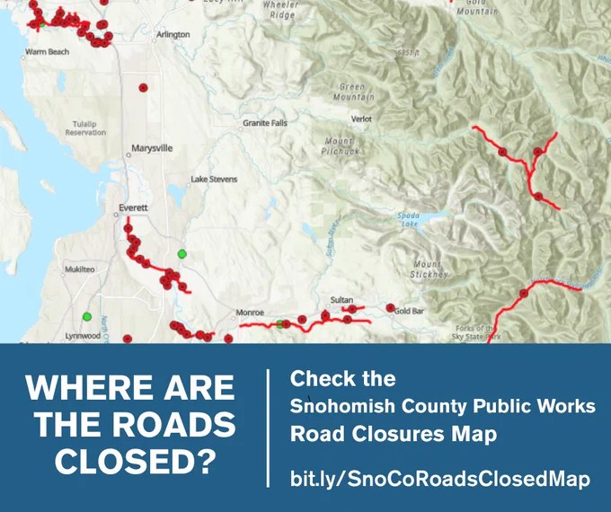 A graphic features a collection of road closures marked with red dots/lines with text that reads, Where are the roads closed? Check the Snohomish County Public Works Road Closures Map bit.ly/SnoCoRoadsClosedMap"