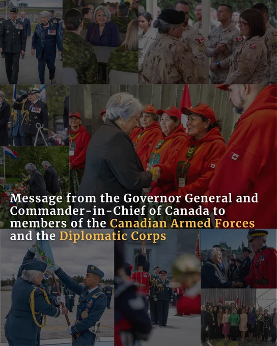 Collage of photos from Governor General Mary Simon throughout her mandate within her role as Commander-in-Chief of Canada. The text: “Message from the Governor General and Commander-in-Chief of Canada to members of the Canadian Armed Forces and the Diplomatic Corps” is written above.  