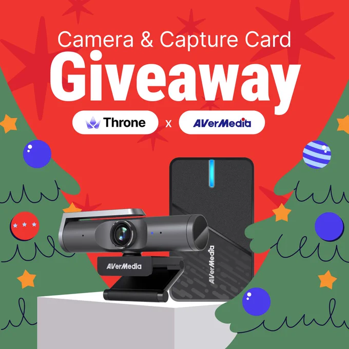Camera and capture card giveaway Throne x Avermedia with a picture of a capture card and camera on a holiday themed background