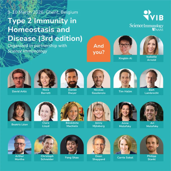 Promotional image for the 3rd edition of the conference titled 'Type 2 Immunity in Homeostasis and Disease (3rd edition)' in Ghent, Belgium, featuring headshots of twelve speakers in a grid format with names and affiliations below each photo. The logo of Science Immunology and VIB are displayed at the top.