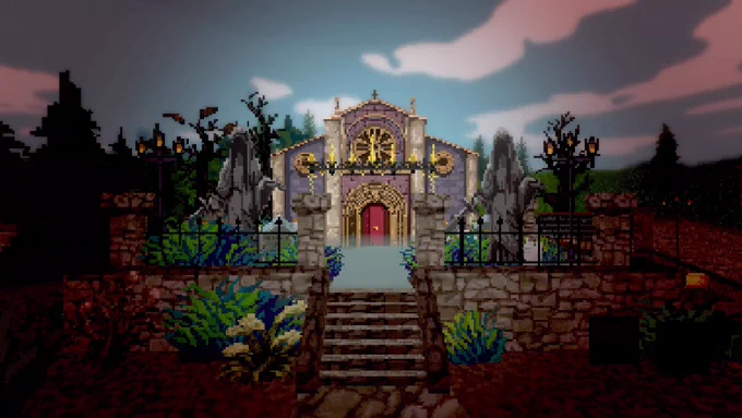 A screenshot of a church-like building from Vampire Crawlers.