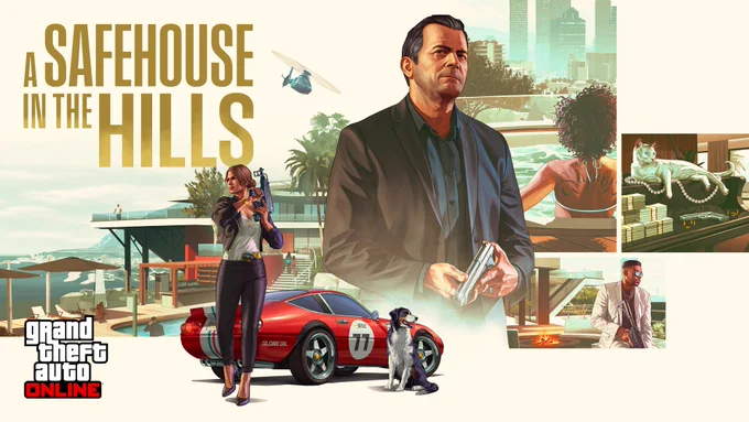 A Safehouse in the Hills poster featuring Michael De Santa alongside various scenes of luxury properties, armed characters, and a dog next to a car. 