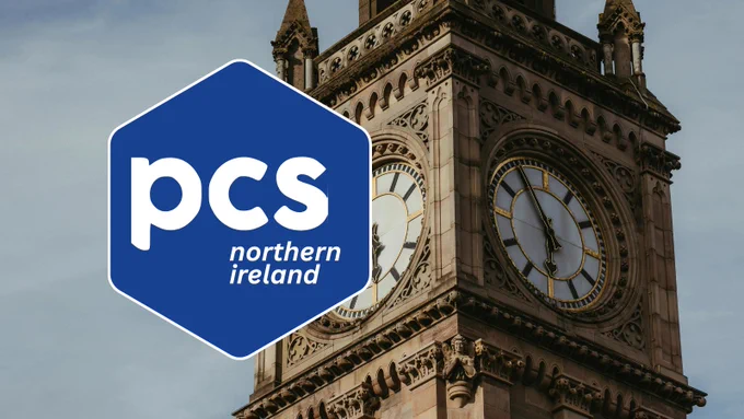 the P.C.S. Northern Ireland Logo overlaid on an image of Belfast's Albert Memorial Clock