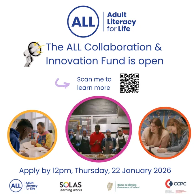 This is a promotional graphic to highlight the call for applications to the Adult Literacy For Life Collaboration & Innovation Fund 2026. The graphic featured 3 images of groups of literacy learners engaged in reading, cooking and learning, and a QR code that can be scanned to learn more about the Fund and how to apply at https://adultliteracyforlife.ie/fund/
