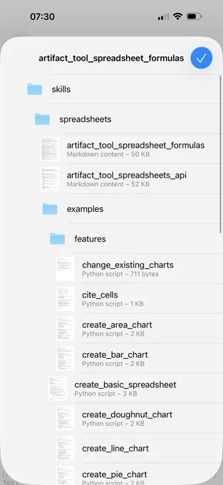 Partial listing of zip file content - skills/spreadsheets contains artifact_tool_spreadsheet_formulas and artifact_tool_spreadsheets_api - then examples/features has Python scripts like change_existing_charts and cite_cells and create_basic_spreadsheet and create_line_chart