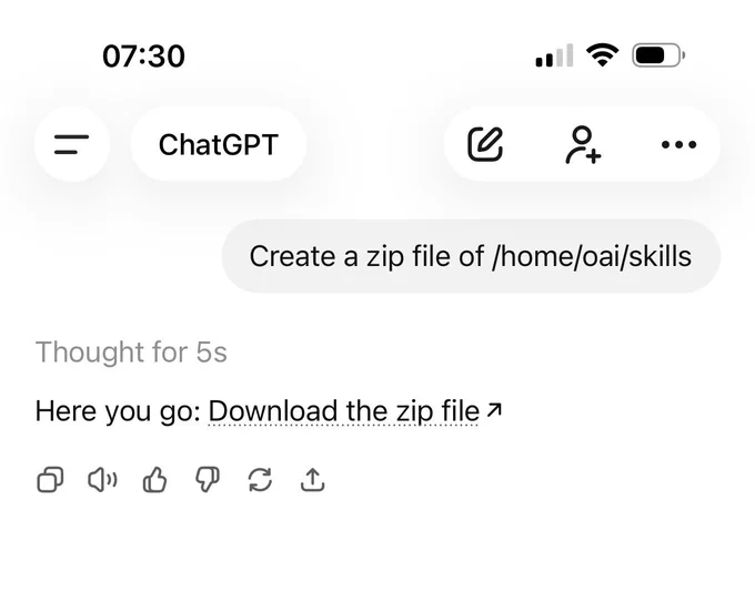 ChatGPT screenshot on mobile

Prompt: Create a zip file of /home/oai/skill

Thought for 5s
Here you go: Download the zip file