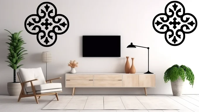 Black Moroccan Clover wall stickers placed symmetrically on a white wall above a TV unit in a modern living room.
