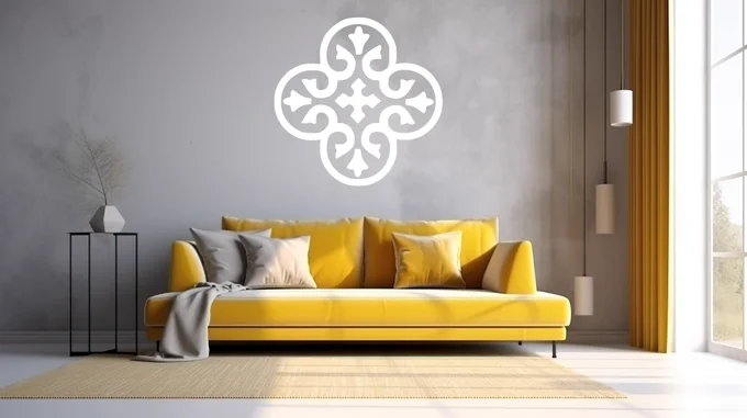 White Moroccan Clover wall sticker above a mustard-yellow sofa on a soft grey wall with modern lighting.