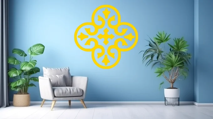 Yellow Moroccan Clover wall sticker on a light blue wall above a grey armchair with green plants.