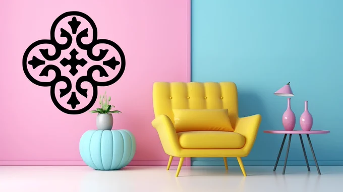 Black Moroccan Clover wall sticker on a pink and blue wall beside a yellow armchair and pastel decor.