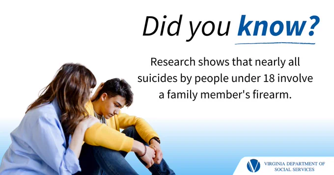 An informational graphic by Virginia Department of Social Services highlighting research showing that firearms are involved in nearly all suicides by people under 18. The image features one somber individual being comforted by another individual sitting next to them. 