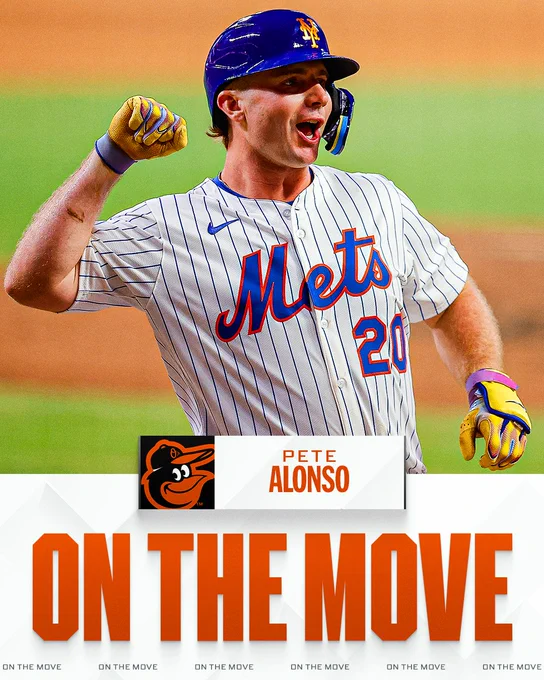 On the Move
Pete Alonso to the Baltimore Orioles
Pictured: Pete Alonso wears a white pinstriped New York Mets jersey and a blue batting helmet.