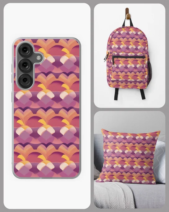 A seamless geometric pattern in warm shades of purple, pink, orange and yellow shown on three products. One image features a phone case, another a backpack with the same colorful motif, and the third shows a patterned pillow on a light sofa. All items display the repeating abstract design.