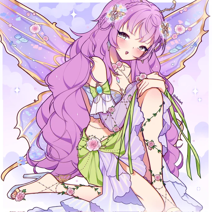 Art by Almsi
Art shows a female fairy sitting down looking towards the camera with a blush