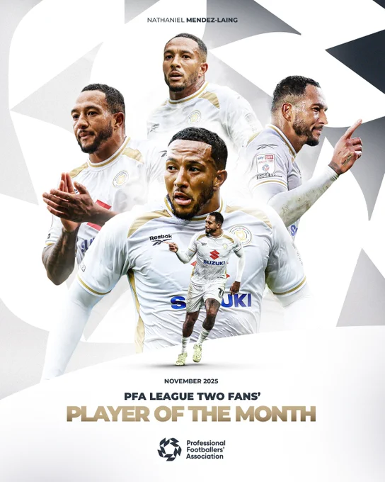 Nathaniel Mendez-Laing winning the PFA League Two Fans' player of the month for November 2025.