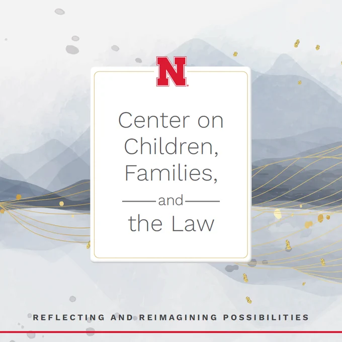 Logo of the Center on Children, Families, and the Law with a background of abstract blue mountains and gold accents.