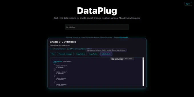 Screenshot of DataPlug.dev — typed “btc order book” → got a live Binance WebSocket in <1 seconds. Click “Preview” to see real JSON flowing. “Vibe Code It!” button copies a ready prompt for Cursor/Replit/Lovable. 9 verified streams, zero keys, no docs.