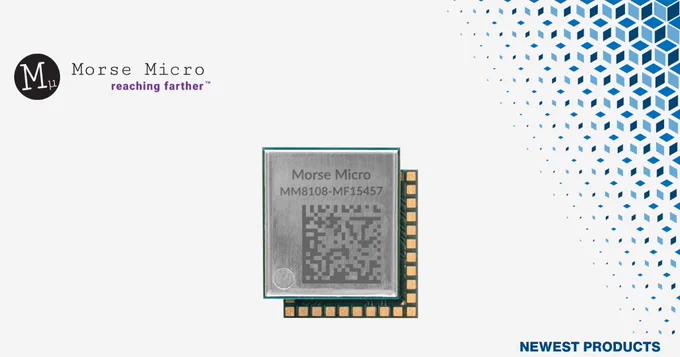 The Morse Micro MM8108 Wi-Fi® HaLow® SoC, on a white background with some blue texture on the right side of the photo.