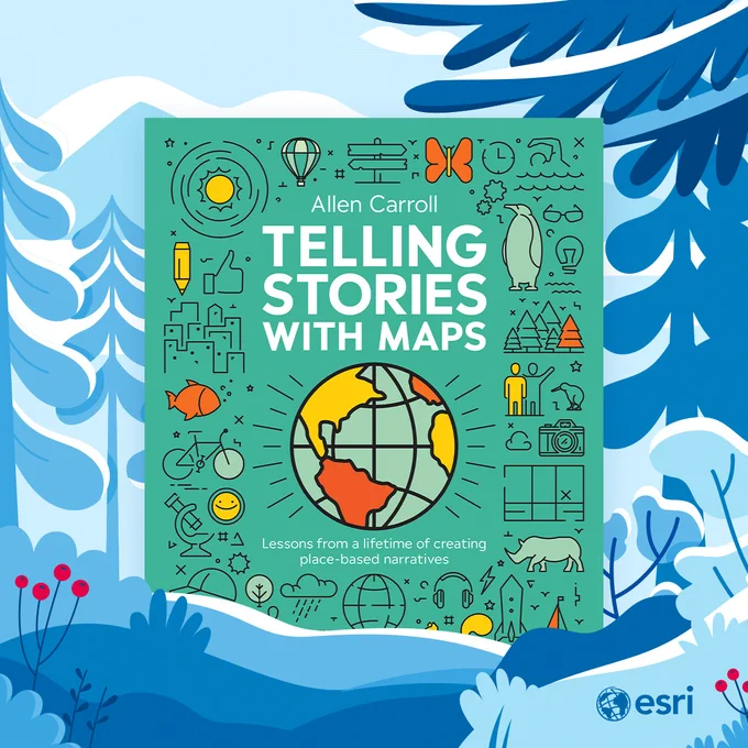 An image showing the cover for Telling Storie with Maps. The background is a graphic representation of a winter landscape, with snow, evergreen trees, and red berries. 