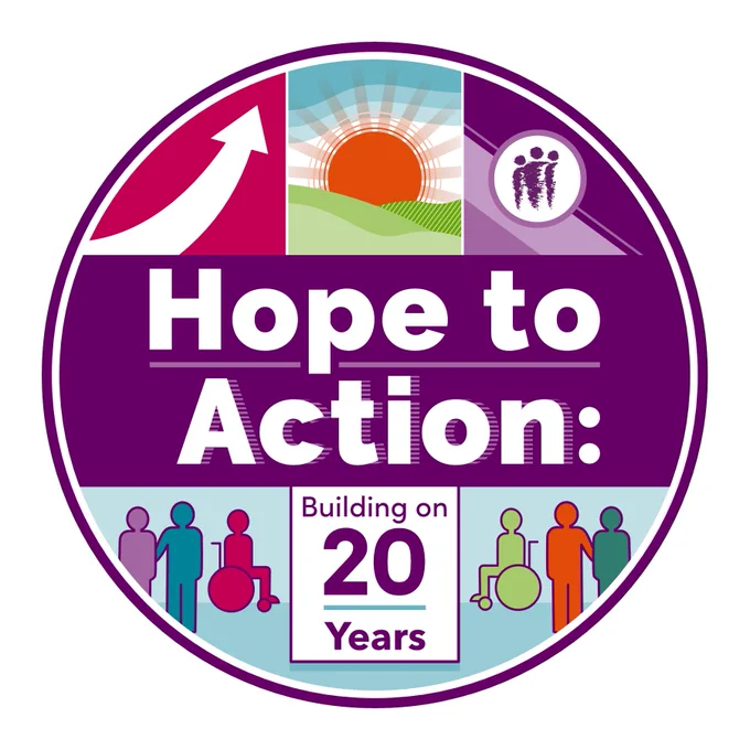 ALLIANCE Annual Conference logo, reading 'Hope to Action: Building on 20 years' and featuring graphics of an arrow, the sun, the ALLIANCE logo, and people. 