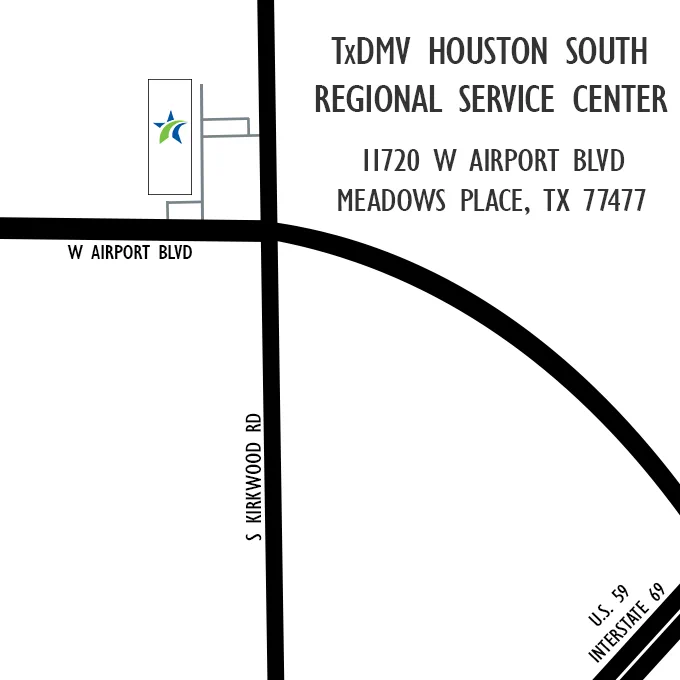 Simple map view of the location of the T x D M V Houston South Regional Service Center at 1 1 7 2 0 West Airport Boulevard.