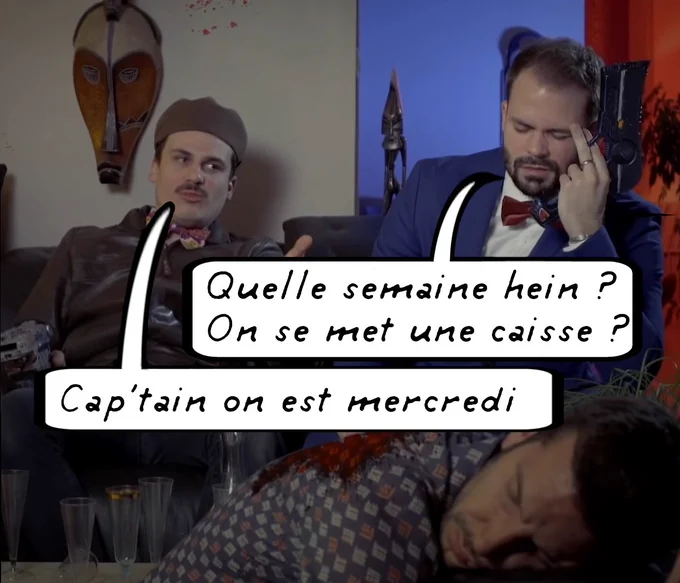 Reprise du même "Semaine difficile" de Tintin le Cap'tain les deux doigts d’une mains tenant son arme sur la tempe interpelle Slexno "Quelle semaine hein ? On se met une caisse" à  quoi Slexno répond "Cap'tain on est mercredi" soulignant ainsi qu'il n'ont même pas atteint le milieu de la semaine. Détails important un cadavre est étalé au premier plan.