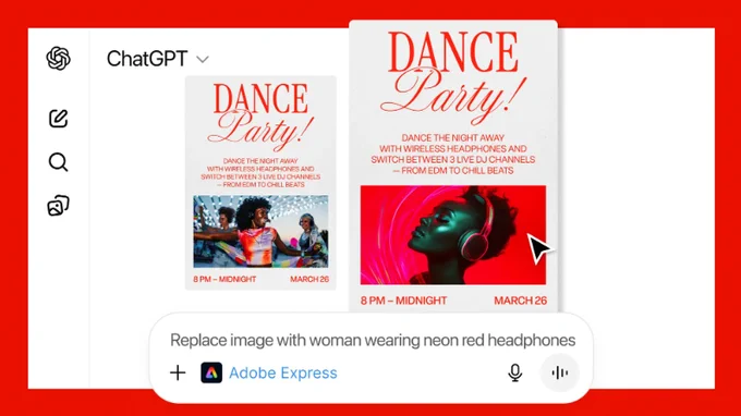 Image de présentation des fonctionnalités Adobe dans ChatGPT (OpenAI). Tous droits réservés à Adobe. Post de LabSense.