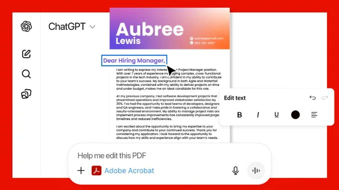Image de présentation des fonctionnalités Adobe dans ChatGPT (OpenAI). Tous droits réservés à Adobe. Post de LabSense.