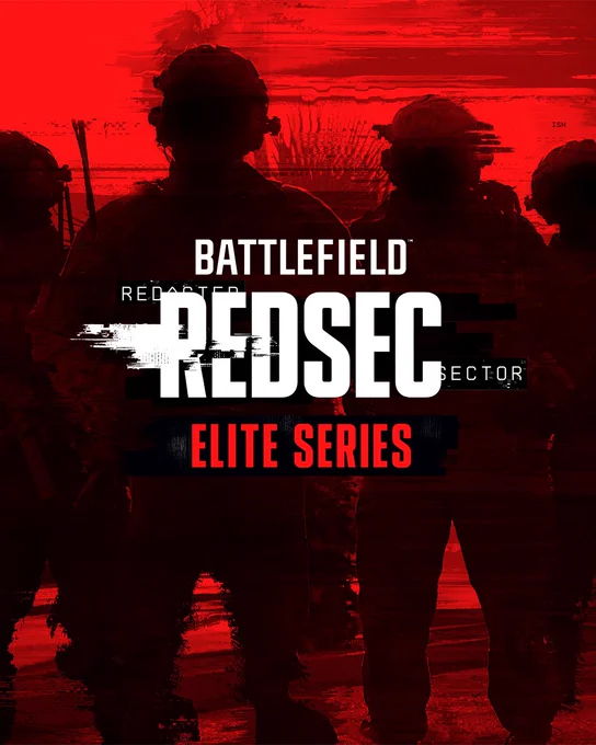 Key art for Battlefield REDSEC Elite Series showing a squad in dark silhouettes against a red background.