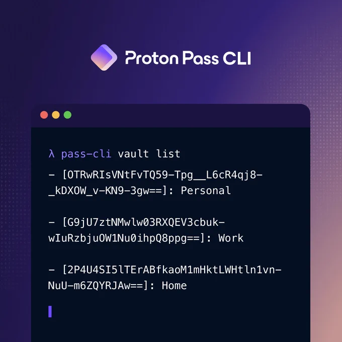 Proton Pass' CLI in operation, a terminal window sits on a gradient background. 