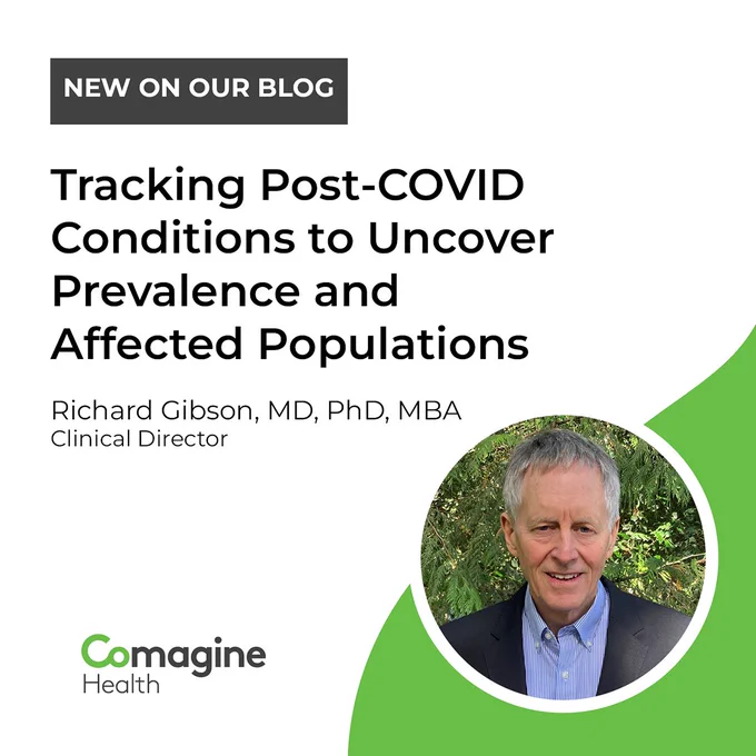 Graphic with a photo of Richard Gibson. The text reads, "New on our blog. Tracking Post-COVID Conditions to Uncover Prevalence and Affected Populations. Richard Gibson, MD, PhD, MBA, Clinical Director."