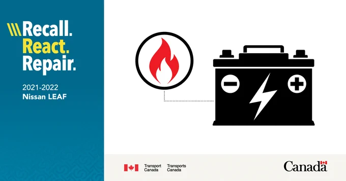 Warning symbol with the text: Recall, React, Repair. 2021-2022 Nissan LEAF.