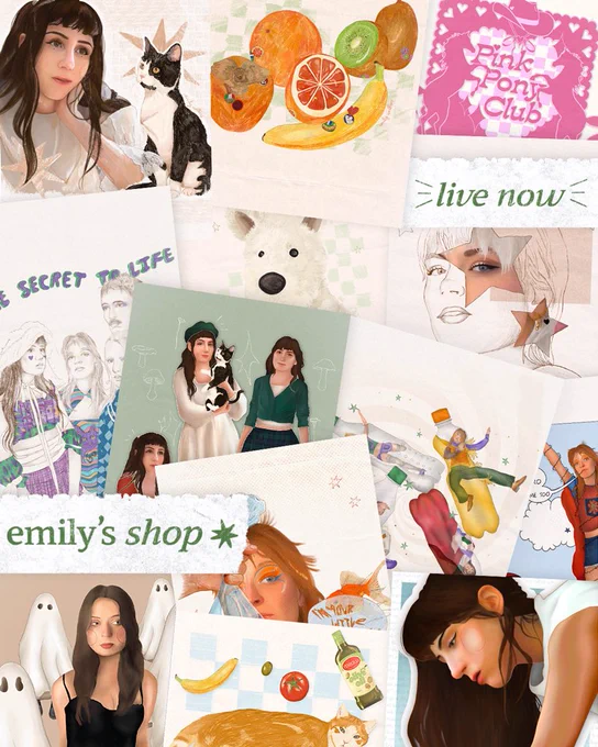 Collage of art prints, digital with several different prints arranged in a collage. Some of the prints are collage style themselves too.
Themes include dodie, cats, fruits, sody, FIZZ, orla gartland and more.
In between the collages the text "emily's shop" is presented and "=live now="