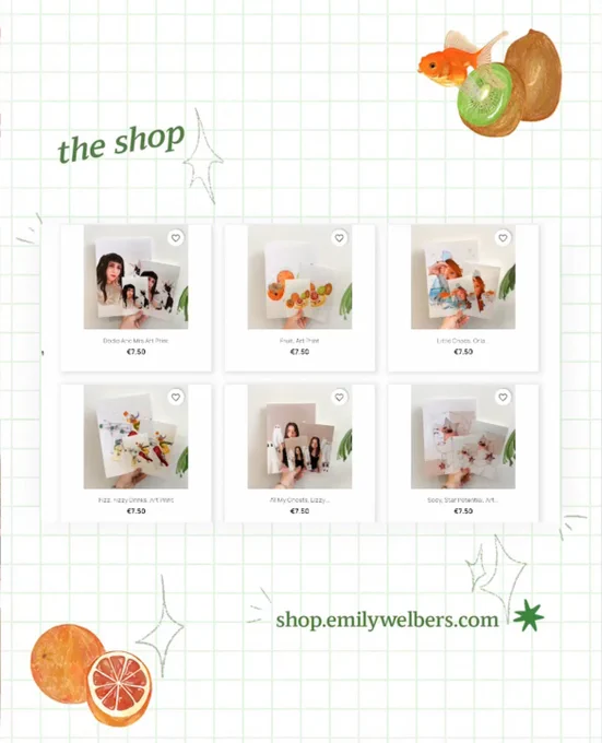 "the shop" overview of prints in a grid with pricing and titles and "shop.emilywelbers.com" at the bottom.
