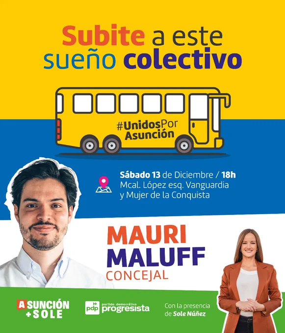 Flyer invitando a evento de fin de año de la campaña de Mauri Maluff a concejal por Asunción 2026. Sábado a las 19hs. Mcal. López entre Vanguardia y Mujer en la Conquista. Apoyan Soledad Núñez y el Partido Democrático Progresista.