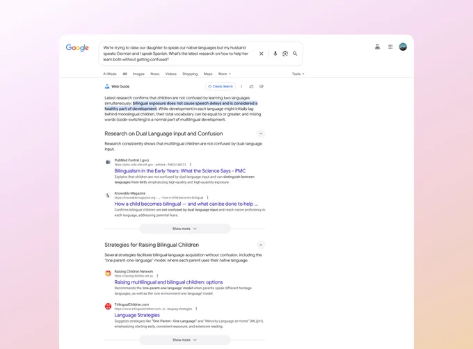 An image showing Web Guide in Search showing helpful groups of weblinks for a query about raising bilingual children.