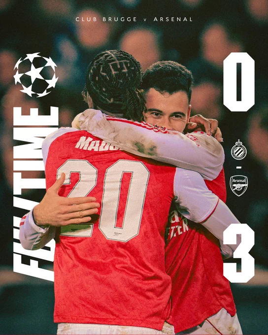 Full-time: Club Brugge 0-3 Arsenal