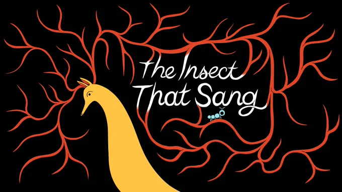 title card with white letters over a black background with the text "The Insect That Sang." The composition is dominated by red antlers branching in every direction from the head of an orange ruminant on the left side. The text is growing out of the antlers at the center of the screen. Below the letters, perched on an antler, is a green bug with its mouth wide open.