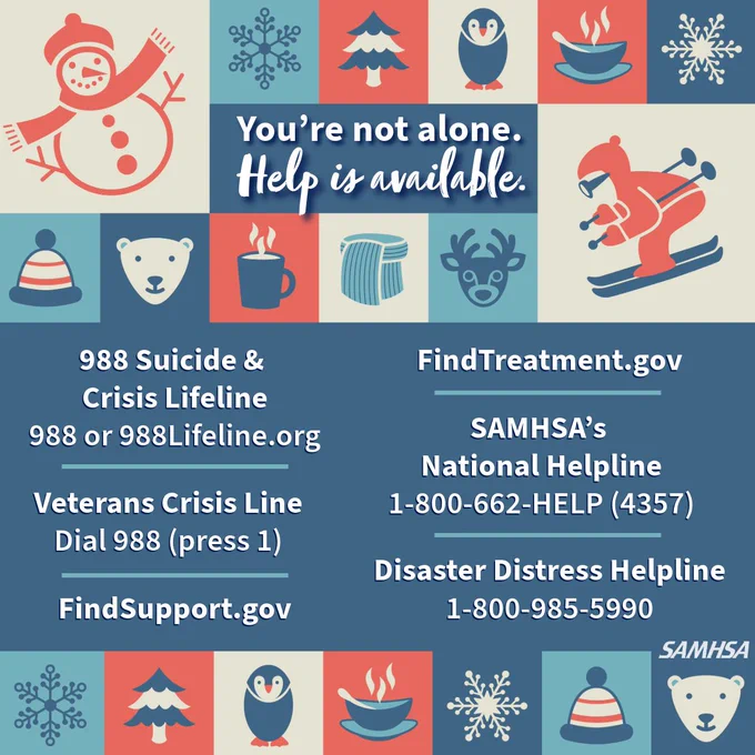 Winter-themed illustrations including a snowman, a tree, and a person skiing. Text mentions "You're not alone, Help is available." with a list of resources. 