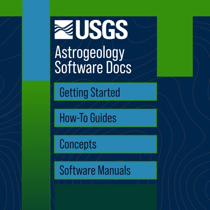 Image Description: Blue and green background with text that reads "Astrogeology Software Docs: Getting Started, How-To Guides, Concepts, and Software Manuals"