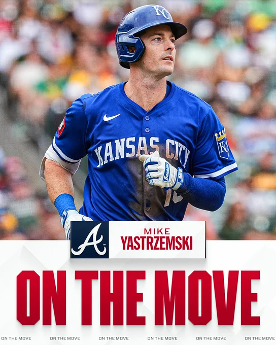 On The Move
Mike Yastrzemski, Atlanta Braves
Pictured: Mike Yastrzemski wears a blue Kansas City Royals uniform with white lettering.