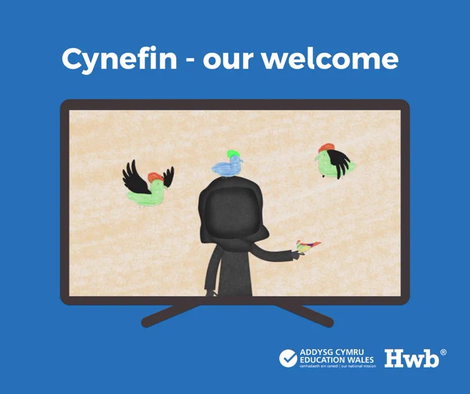 Illustration of a black figure with birds perched on its head and hand, displayed on a screen with Welsh text 'Cynefin - our welcome'.
